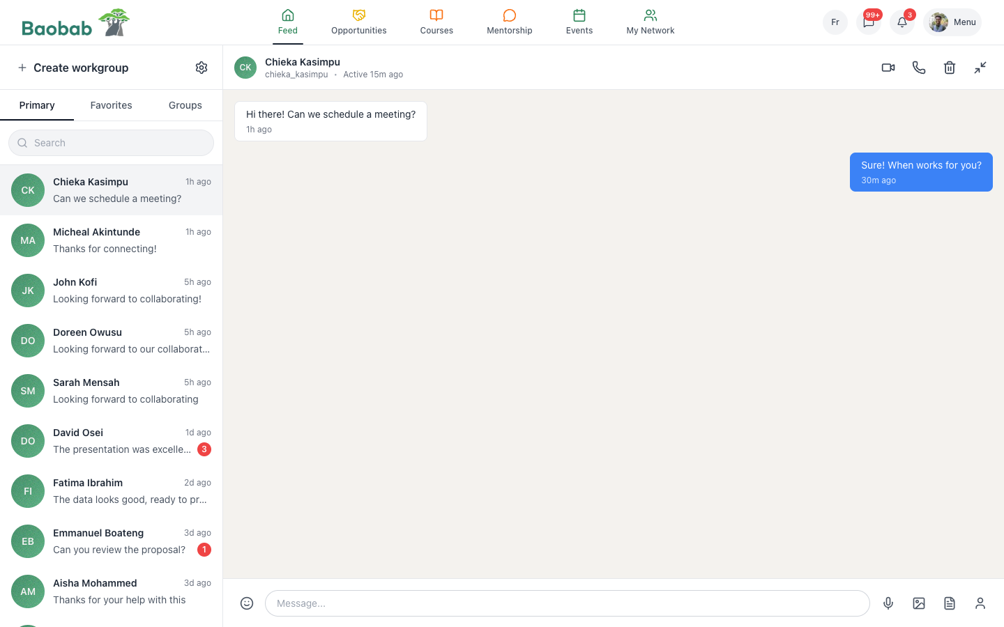 Baobab chat redesign: scholar conversation list on the left and an open chat thread on the right.