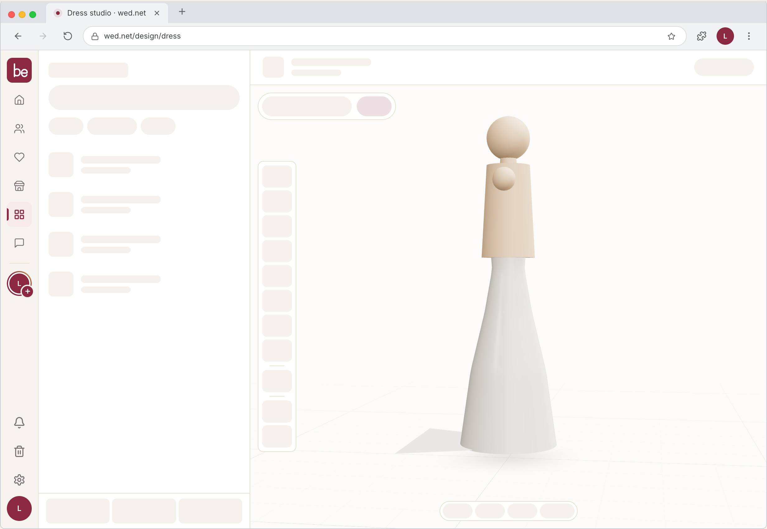 be Dress studio: a 3D dress mannequin inside an in-browser editor.