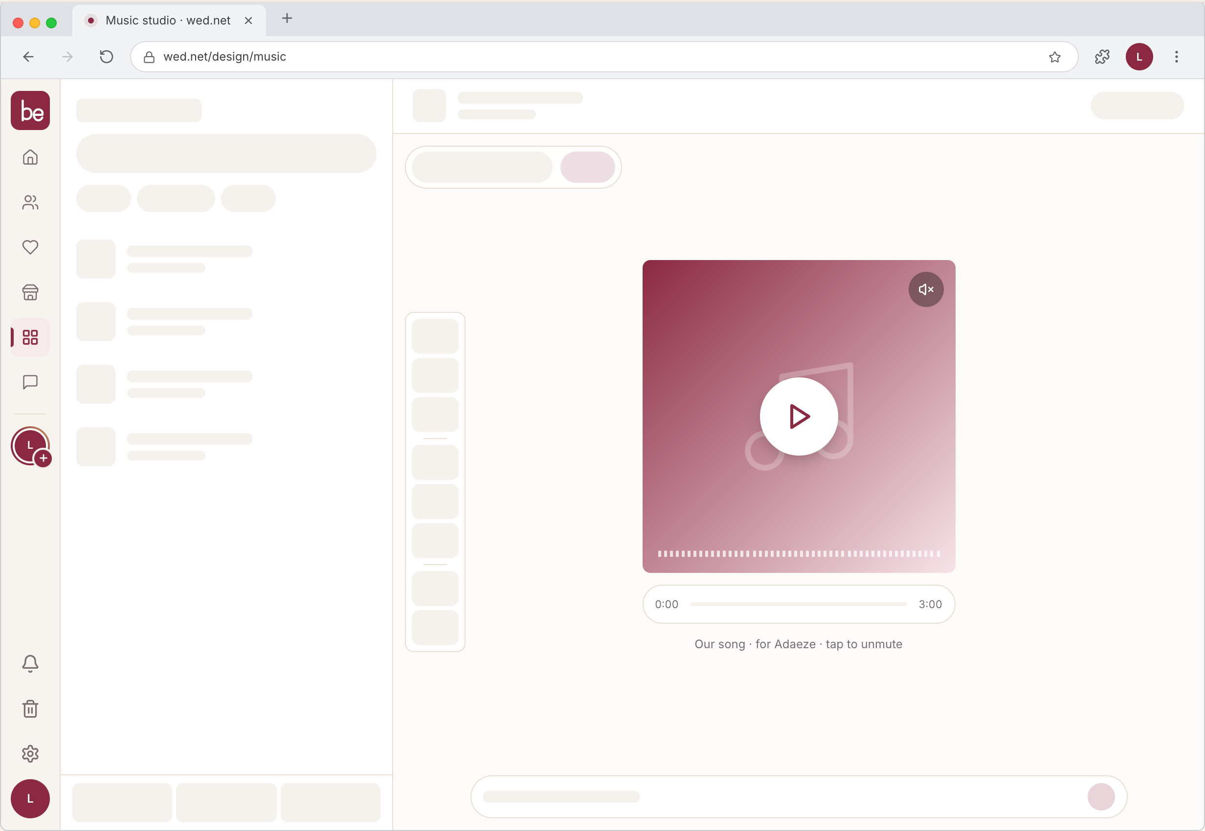 be Music studio: a custom in-browser music studio with a gradient player card playing 'Our song · for Adaeze · tap to unmute'.