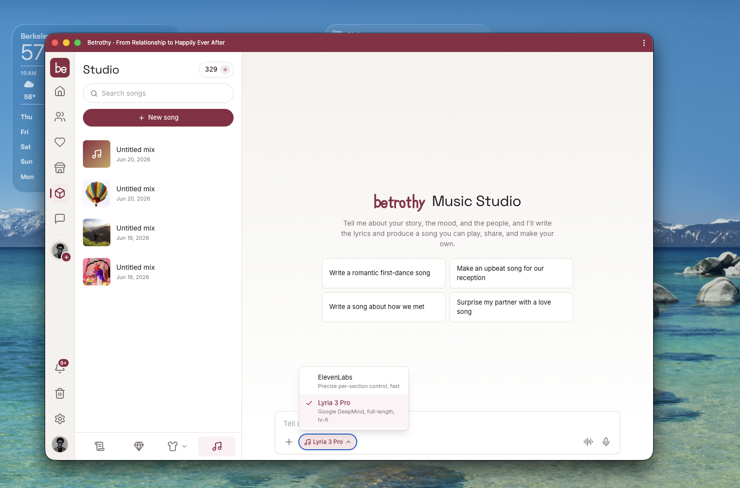 Betrothy Music Studio: a conversational AI studio with prompt starters and an ElevenLabs / Lyria 3 Pro model picker.