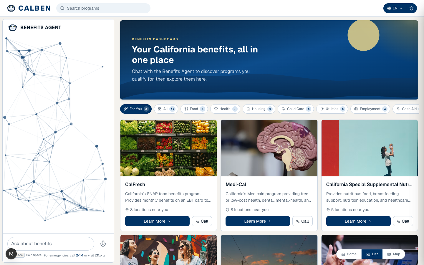 CalBen dashboard with the AI chat assistant on the left and a grid of matched benefits programs on the right.