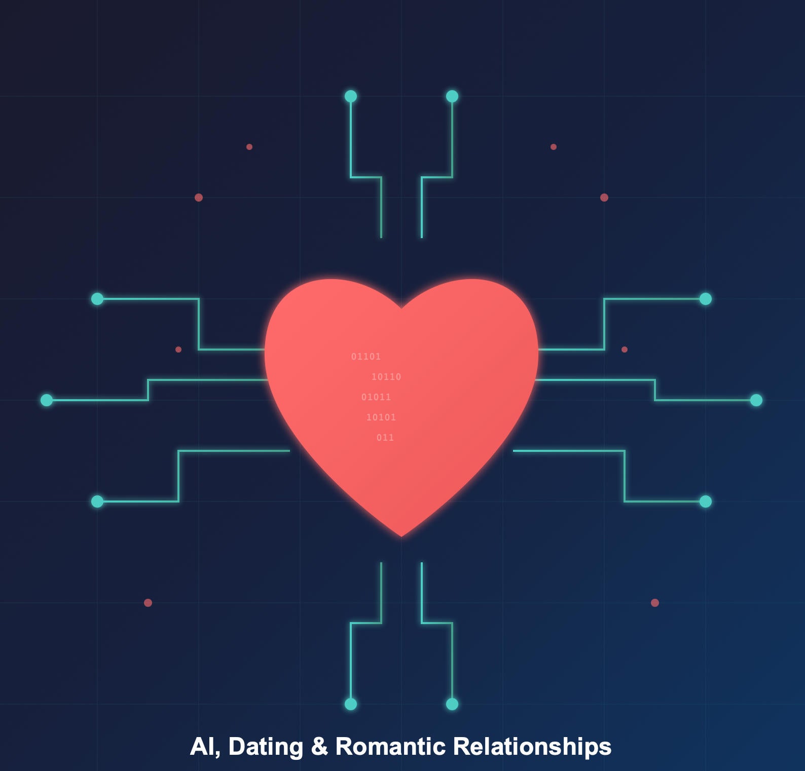 A glowing heart made of circuit traces and binary, titled AI, Dating & Romantic Relationships.