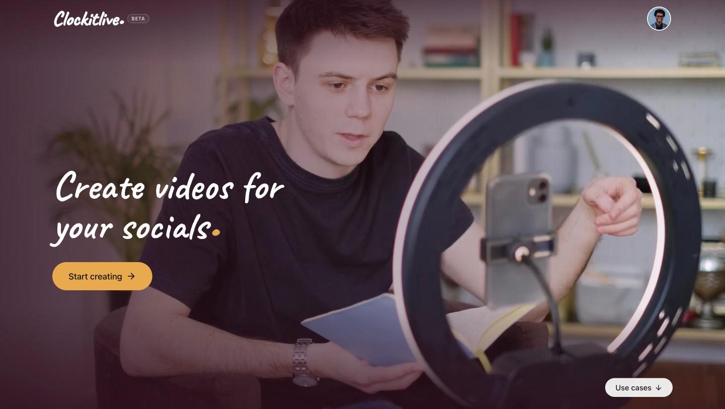 Clockit Live landing page: the headline Create videos for your socials over a creator recording with a phone on a ring light.