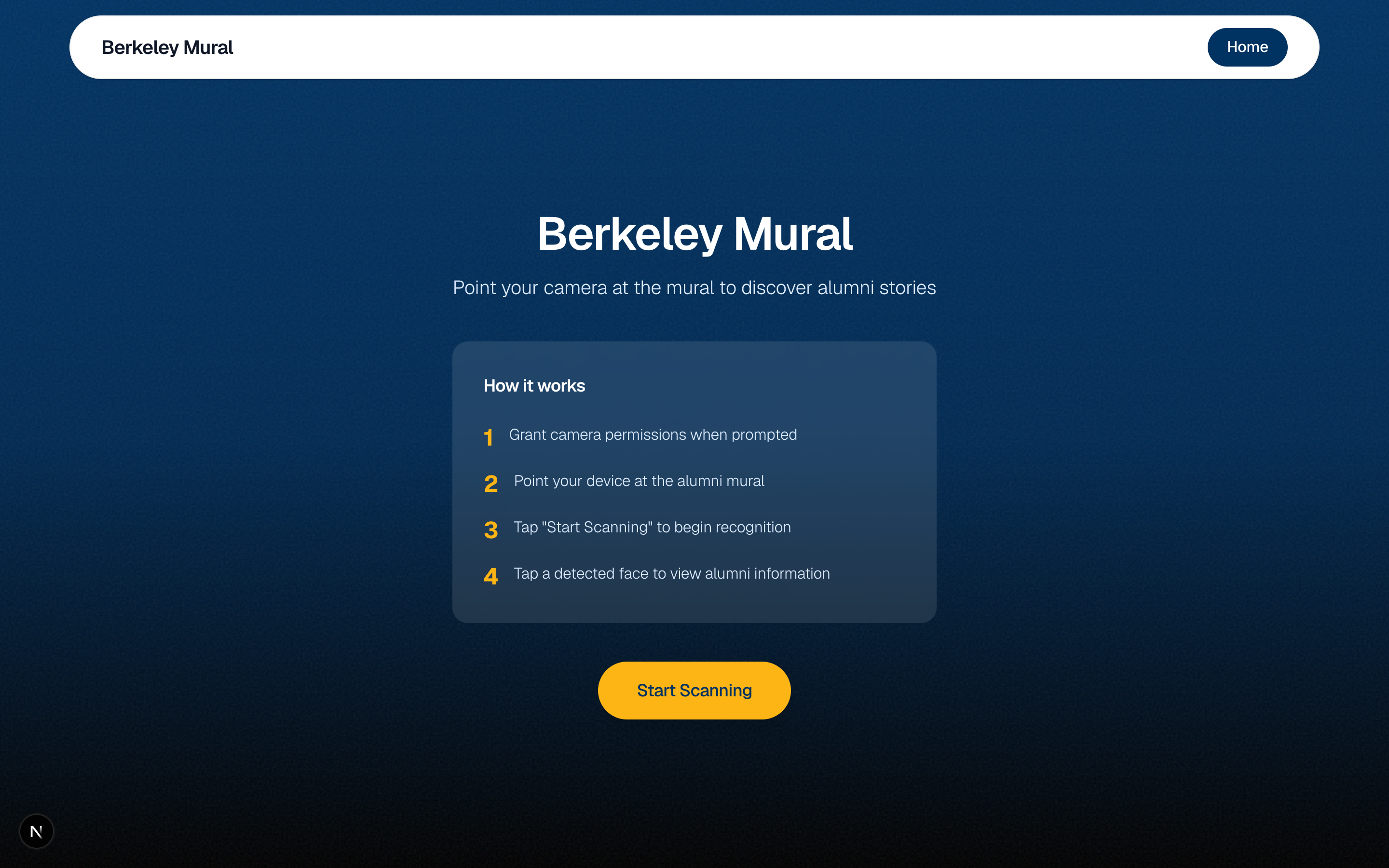 Berkeley Mural app landing page with a How it works guide and a Start Scanning call to action.